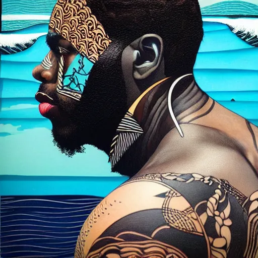 Image similar to side profile of a black man :: in ocean intricate details :: dark and horror :: by vikings and Sandra Chevrier