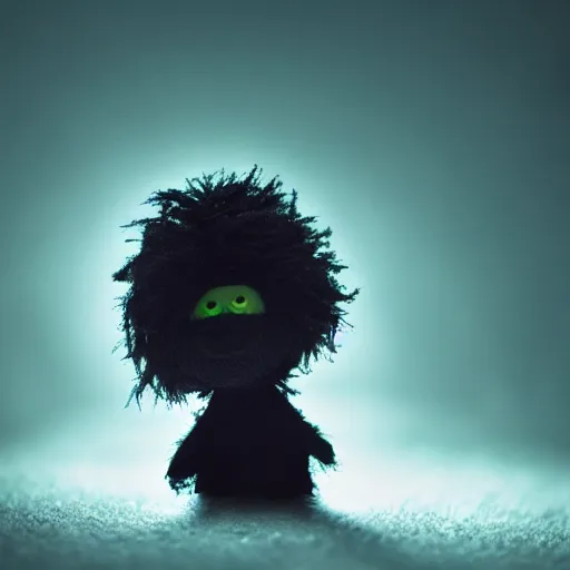 Prompt: focus portrait of dark angry muppet in night, dark forest background, bokeh, octane render