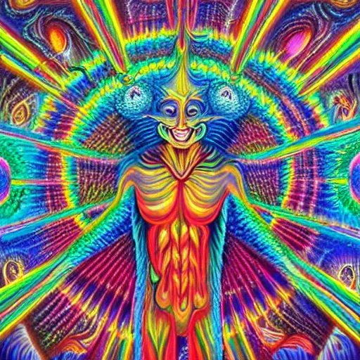 Prompt: a psychedelic DMT entity deity creature, ultra-detailed visionary art painting by alex grey and jonathan solter