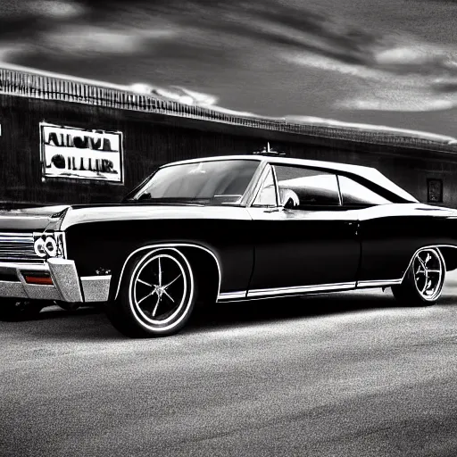 Image similar to black 1967 impala, highly detailed, very realistic, 8k photograph,