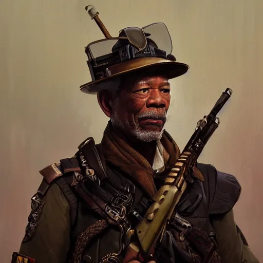 Image similar to Morgan Freeman as a Dieselpunk Steampunk soldier, intricate, highly detailed, digital painting, artstation, concept art, sharp focus, illustration, art by greg rutkowski and alphonse mucha