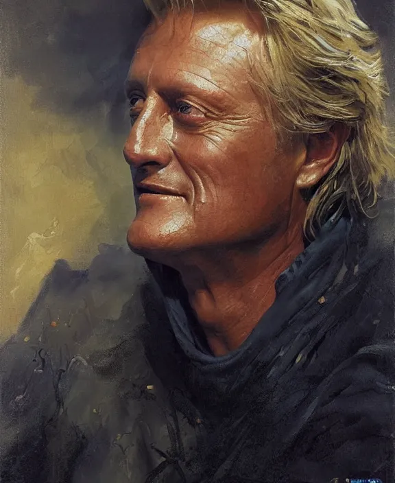 Image similar to portrait of rutger hauer, joyful, highly detailed painting by gaston bussiere, craig mullins, j. c. leyendecker 8 k,