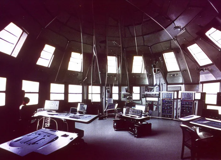 Image similar to realistic photo interior of the spacious chrome metal polished sci - fi medieval expensive room observatory scientific interior with dozens of computers and displays 1 9 9 0, life magazine reportage photo