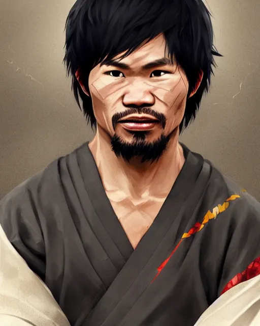 Image similar to an anime portrait of manny pacquiao as a beautiful man wearing a kimono from skyrim, by stanley artgerm lau, wlop, rossdraws, james jean, andrei riabovitchev, marc simonetti, and sakimichan, trending on artstation