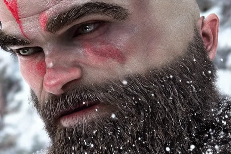 Image similar to vfx movie live action god of war closeup, natural grizzled skin, tough bald man in furs, grey beard, in snowy tahoe by emmanuel lubezki