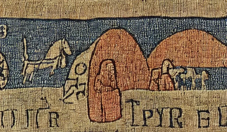 Image similar to Flying saucer on the bayeux tapestry, medieval style