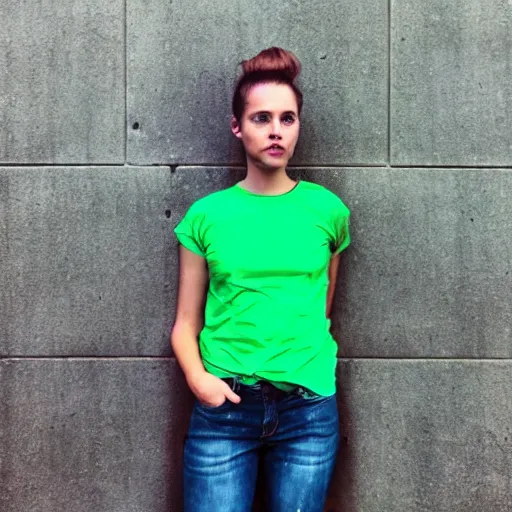 Image similar to iPhone portrait of an 20-something Canadian dressed in, light brown hair, green eyes, wearing a vintage black tshirt and jeans, pony tail, girl next door innocent look, on a sidewalk of Vancouver