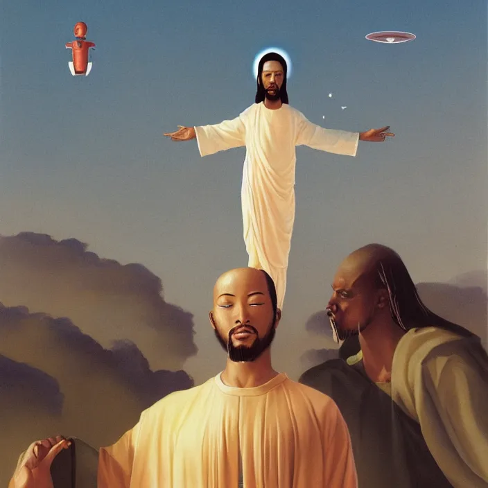 Image similar to a hovering UFO over an African Jesus ,painting by Hsiao-Ron Cheng,