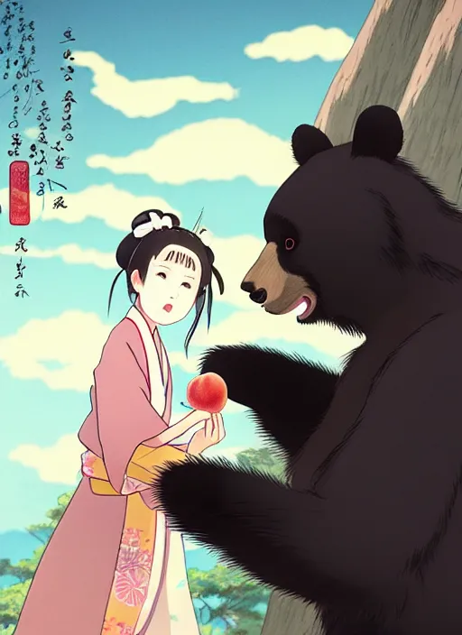 Prompt: a girl wearing a kimono gives a peach to a large anthropomorphic asian black bear, featured in artstation and artgerm and fantia and pixiv, award winning, cinematic, elegant, intricate, 8 k, in the style of hayao miyazaki and masashi ando and timothy kong and laia lopez and viorie,