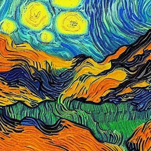 Prompt: An awe-inspiring psychedelic valley in the style of Vincent Van Gogh