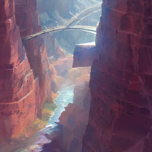 Image similar to concept art painting of a grand canyon filled to the top with water, giant river, with unfinished bridge under construction, realistic, detailed, cel shaded, in the style of makoto shinkai and greg rutkowski and james gurney