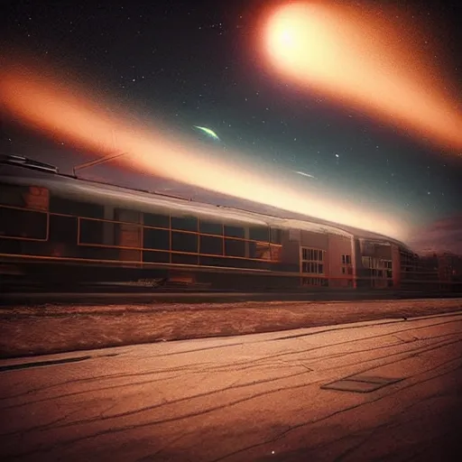 Prompt: “ trains you can ’ t tell are from the future or the past but they look cool as hell, night sky blazing with stars, astrophotography, octane rendering, trending on artstation ”
