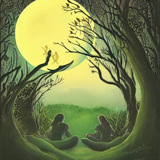 Image similar to a serene forest of faeries, beautiful double crescent moon in the night sky, children\'s book cover