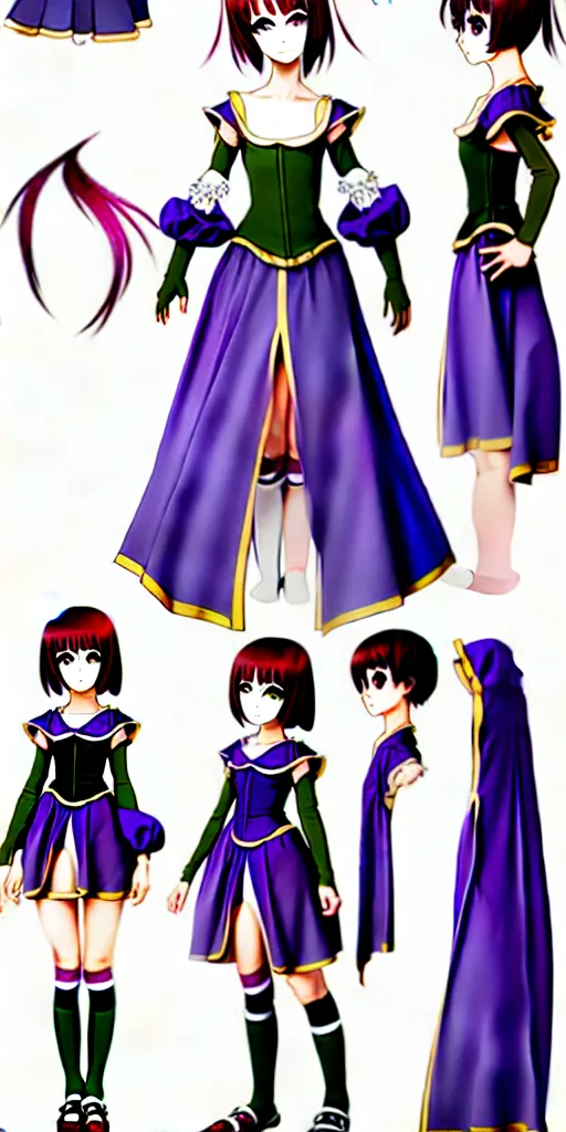 Image similar to A narcoleptic anime girl game character, renaissance style dress, doll-like, character design sheet, detailed eyes, HDR