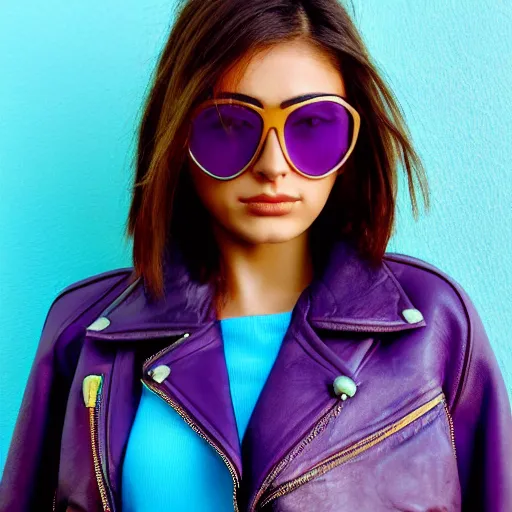 Prompt: closeup painting of a very beautiful young mexican woman with light blue shutter shades, one side haircut, long brown hair with light blue ends, purple leather jacket