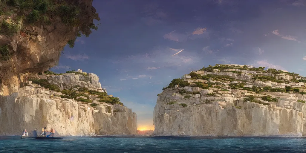Image similar to looking out from a small dinghy on the water, low angle from water pov, wide angle, sunset, a mediterranean phoenician fishing village in the distance, over a chalk cliff, highly detailed, digital painting, artstation, concept art, sharp focus, illustration, art by artgerm and greg rutkowski and raphael lacoste and magali villeneuve