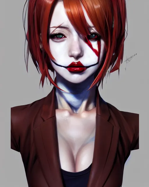 Image similar to portrait Anime as harley-quinn character girl cute-fine-face, brown-red-hair pretty face, realistic shaded Perfect face, fine details. Anime. realistic shaded lighting by Ilya Kuvshinov katsuhiro otomo ghost-in-the-shell, magali villeneuve, artgerm, rutkowski, WLOP Jeremy Lipkin and Giuseppe Dangelico Pino and Michael Garmash and Rob Rey