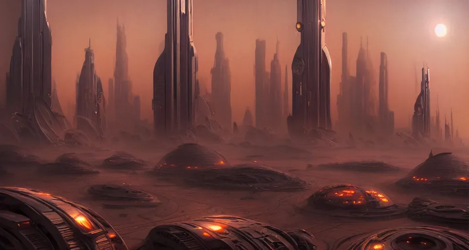 Prompt: cinematic shot, futuristic city on the mars with towers made of stacked disks, utopian, digital painting, artstation, concept art, smooth, sharp focus, illustration, intricate, elegant, highly detailed, in the style of greg rutkowski and alphonse mucha and artemisia, 8 k, highly detailed, jurgens, rutkowski