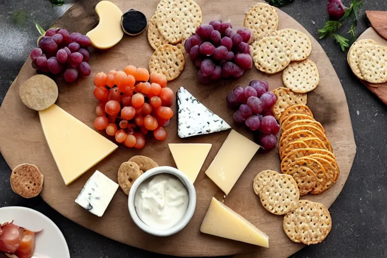 Prompt: A scientific cheese platter with crackers