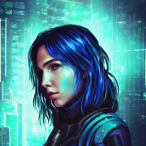 Image similar to “hiperrealist close up portrait of cyberpunk Gal Gadot with blue hair, digital art, concept art, neon colors, studio lightning, high contrast, sharp focus, ultra high detail, photorealist, Artstation HQ, DeviantArt, cybernetics, techwear, urban samurai, netrunner, Shadowrun, Cyberpunk 2077, Deus Ex, 8k UHD, Unreal Engine 5”