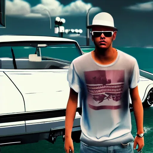 Image similar to bad bunny yonaguni music video bad bunny in the style of grand theft auto v cover art