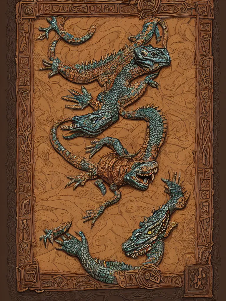 Prompt: aztec book decorative border frame, crocodile reptilian motifs, d & d, fantasy, intricate, elegant, highly detailed, digital painting, artstation, illustration, hearthstone