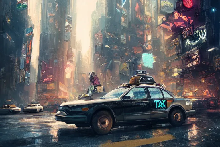 Prompt: beautiful matte painting of taxi car in cyberpunk new york with a boy and his grandma robogran by greg rutkowski