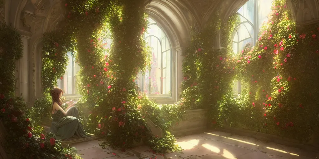 Prompt: ultra realistic, artstation, concept art, natural lighting, by artgerm and greg rutkowski and alphonse mucha and wlop, heaven dreamy interior with surrounded ivy, flowers, roses, and with archways. rendered in octane render with photorealistic lighting, 8 k, hd