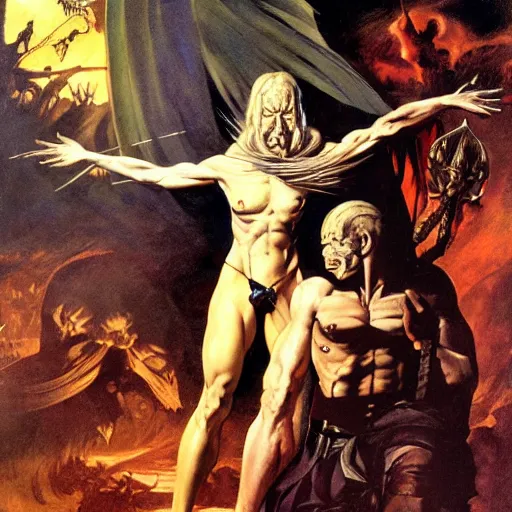 Prompt: baleful falso oath revelations Hesekiel, in the style of Frank Frazetta, Jeff Easley, Caravaggio, extremely clear faces coherent, clear lines, 8K revolution