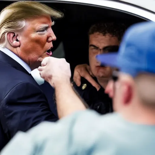 Prompt: candid ap press photo of president trump in handcuffs being arrested by fbi agents, escorting him into a police car, 3 5 mm lens, highly detailed portrait, 4 k uhd, sony camera, f / 2 2