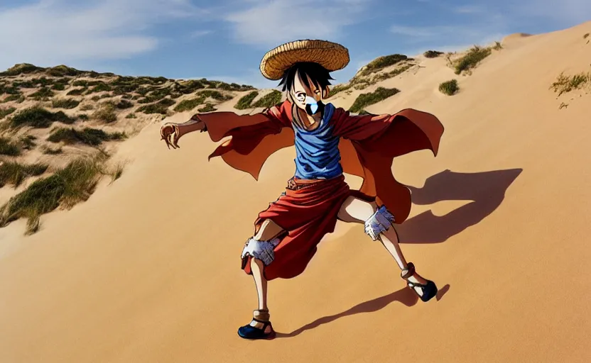 Image similar to a luffy in sand dunes, photography by kim jung gi