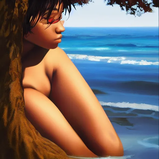 Image similar to oil painting by ilya kuvshinov,, baugh casey, artgerm craig mullins, coby whitmore, of a youthful black girl, long hair, fully clothed bikini at the beach, highly detailed, breathtaking face, studio photography, noon, intense bounced light, water reflection, large tree casting shadow, serine intense sunlight in the style of zack snyder