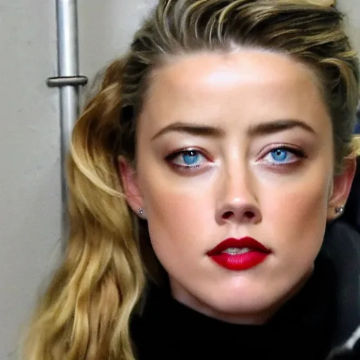 Image similar to amber heard behind bars locked in a jail cell with a frown on her face and wearing a prisoner uniform