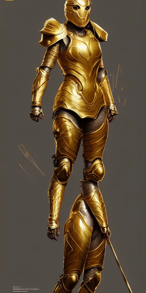 Image similar to professional digital art of a hyper realistic and highly detailed woman golden armor. accurate rending of one woman in armor. greg rutkowski, zabrocki, karlkka, jayison devadas, intricate, trending on artstation, 8 k, unreal engine 5, pincushion lens effect