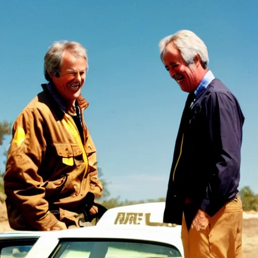 Image similar to kevin tighe with randy mantooth, laughing as they set a car on fire