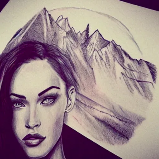 Image similar to realism tattoo sketch of double exposure megan fox with beautiful mountain scenery, in the style of andrey lukovnikov