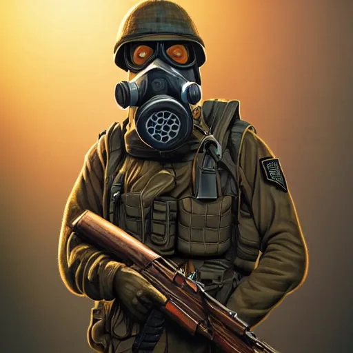 Image similar to portrait artwork of soldier wearing a gas mask holding ak-47. Artwork by Dan Mumford, realistic cinematic lighting, ultra detailed, hyper realism
