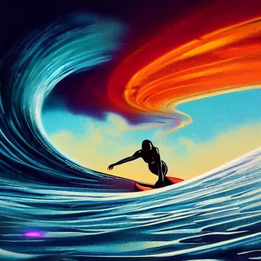 Prompt: a wide angle dynamic action photo of the silhouette!! of a voluptuous black woman surfing an ( opal barrel wave ), neon lightning storm, by clark little and rhads in a surreal style, motion blur, concept art by artgerm, ( wave porn ), highly detailed, infinite intricacy fractal, retrowave sunset, bokeh!