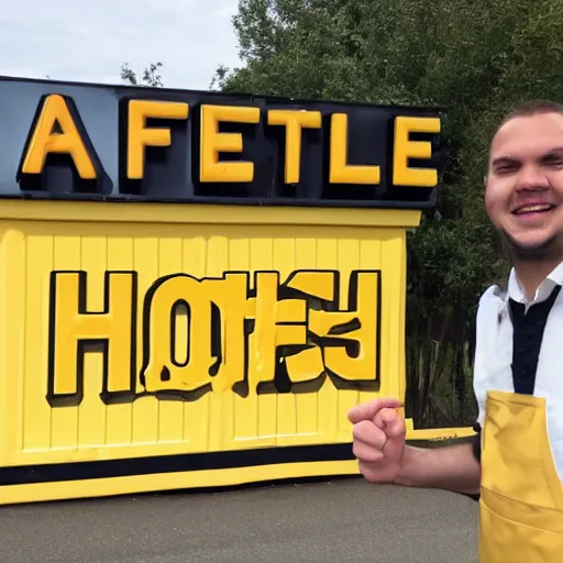 Image similar to wafflehouse employee's standing below wafflehouse sign