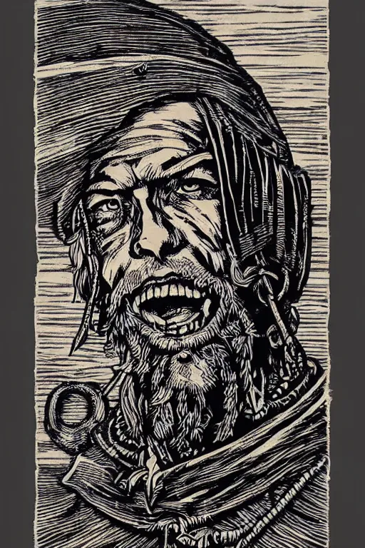 Prompt: a beautiful woodcut print of an old pirate, 8 k, frostbite 3 engine, cryengine, dof, trending on artstation, digital art, crepuscular ray, art by roy l davies and tugboat printshop
