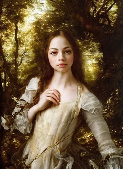 Image similar to Beautiful fairy teenager, Looks like Kristin Kreuk, In the woods, Dramatic, Edge, Good, Infused, Backlight, De-Noise, VFX, insanely detailed and intricate, hypermaximalist, elegant, ornate, hyper realistic, super detailed, by Anthony Van Dyck, by Ivan Shishkin, by John Constable