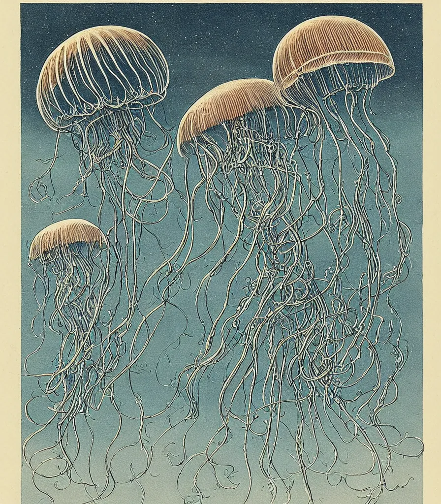 Image similar to brilliant alien jellyfish in the sky color scientific illustration by Ernst Haekel, color illustration with orthographic views