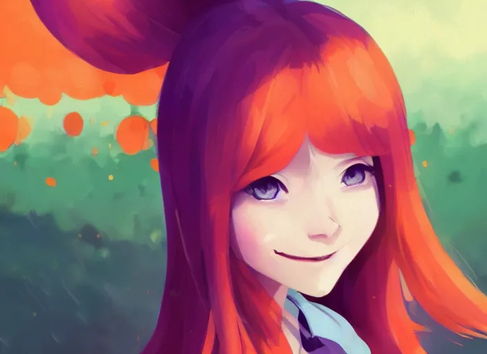 Prompt: portrait of a beautiful smiling girl with orange hair and freckles, green eyes, highly detailed, digital painting, concept art, smooth, sharp, focus, illustration. background is purple, anime key visual, lois van baarle, ilya kuvshinov, rossdraws, artstation