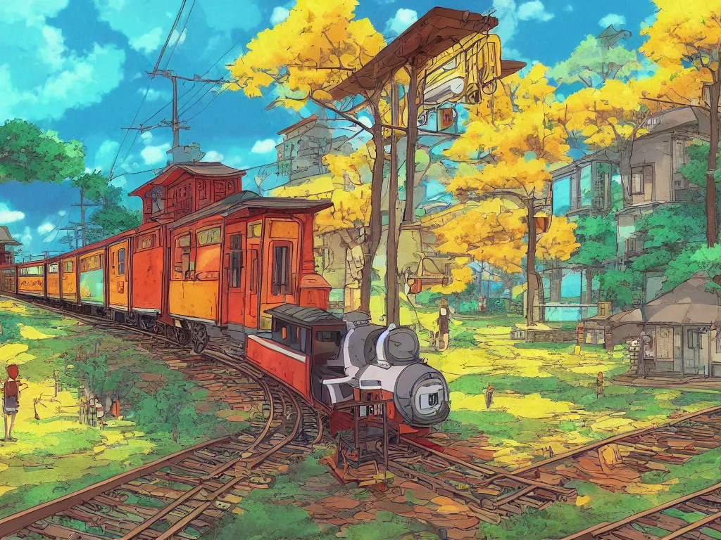 Image similar to longitudinal cut sideview of a anime train, digital art, autumn light, colorful, beautiful, inspired by studio ghibli, inspired by hayao miyazaki, concept art, manga, cute and adorable, illustration