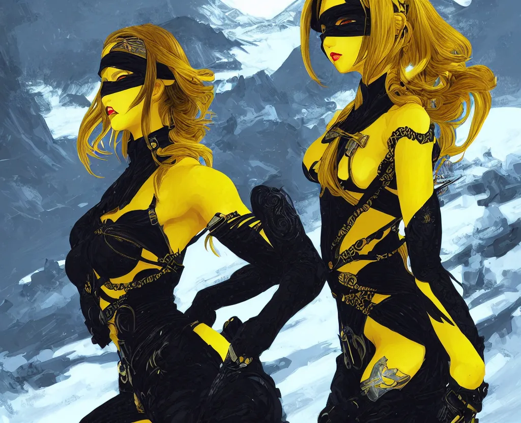 Prompt: portrait ninja gaiden girl, black and yellow ninja wardrobe, at snowy fuji mountain sunrise, ssci - fi and fantasy, intricate and very very beautiful, detailed, digital painting, artstation, concept art, smooth and sharp focus, illustration, art by tian zi and wlop and alphonse mucha