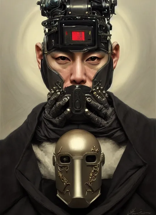 Prompt: portrait of supreme leader with cybernetic mask, bald, royalty, extravagant, lord, full body, military uniform, fantasy, intricate, elegant, beautiful, highly detailed, charcoal, centered, dark, smokey, digital painting, artstation, concept art, art by artgerm and greg rutkowski and alphonse mucha