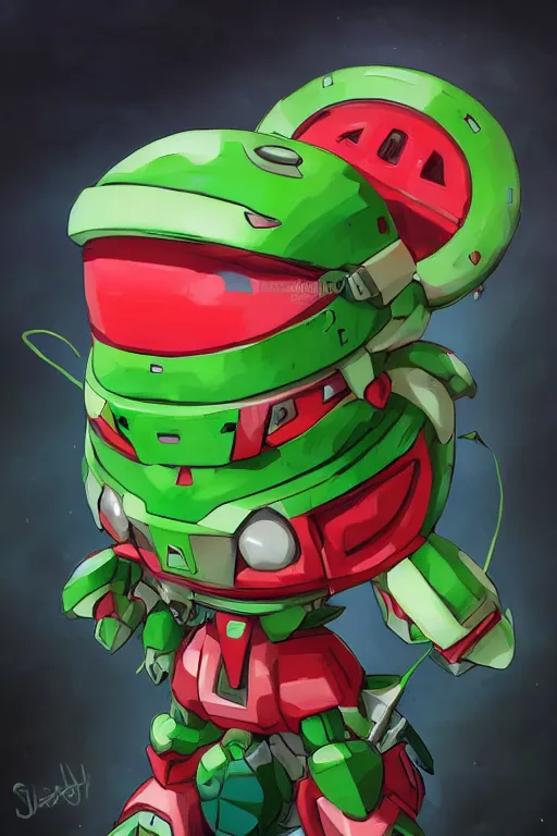 Image similar to cute anthropomorphic watermelon Gundam, Gundam made of watermelon, tiny, small, miniature Gundam, baby watermelon Robot, short, pale blue armor, cute and adorable, pretty, beautiful, DnD character art portrait, matte fantasy painting, cgsociety Artstation, by Jason Felix by Steve Argyle by Tyler Jacobson by Peter Mohrbacher, cinematic lighting