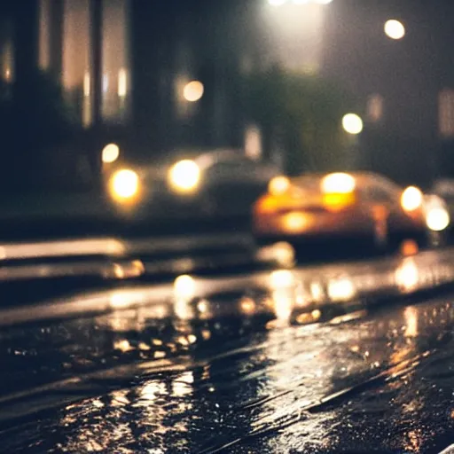 Image similar to zoomed in iphone photo rainy night in the city, reflections, car lights