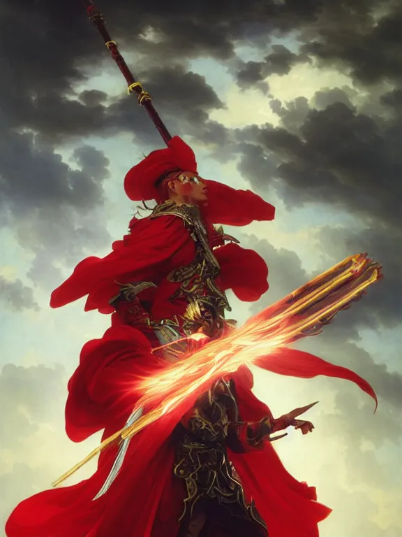 Image similar to A Portrait of a boisterous Red Mage wearing striped shining armor holding a staff of power surrounded by an epic cloudscape. The Magus Omega . Red Wizard. Morpheus. Symmetrical. masterpiece. 4k digital illustration. by Ruan Jia and Artgerm and Andreas Rocha and William-Adolphe Bouguereau and Jean-Baptiste de Champaigne. award winning, Artstation, intricate details, realistic, Hyperdetailed, 8k resolution. Smooth. Unreal Engine. Octane Render. 3D. Movie Still.