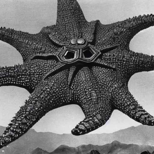 Image similar to a giant Kaiju Starfish Monster over a traditional Korean village, minimal cinematography by Akira Kurosawa, hyperrealistic movie filmstill, film noir, thriller by Fritz Lang